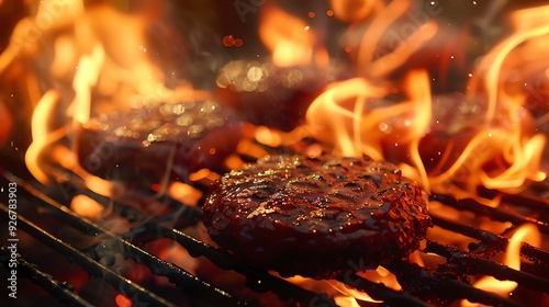 hamburger and hotdog cooking on flaming grill