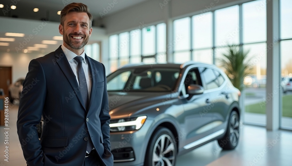 A cheerful salesperson in a formal suit stands beside a brand-new vehicle in a bright, spacious luxury car dealership, showcasing the sleek design of the car in an elegant showroom.
A cheerful salesperson in a formal suit stands beside a brand-new vehicle in a bright, spacious luxury car dealership, showcasing the sleek design of the car in an elegant showroom.