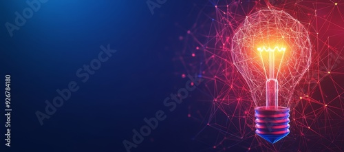Abstract background with a glowing light bulb and polygonal mesh on a dark blue, red gradient backdrop. concept in the style of innovation technology business idea
