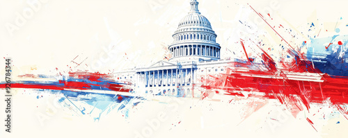 U.S. Capitol in Artistic Red and Blue Explosion. A dynamic and abstract illustration of the U.S. Capitol enveloped in splashes of red and blue, symbolizing the energy of political elections.
 photo