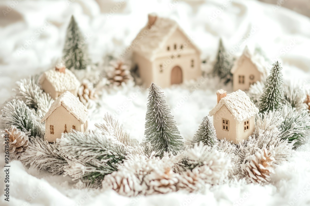 A decorative white fluffy wreath with miniature trees and fabric houses for a cozy winter holiday setting A decorative white fluffy wreath with miniature trees and fabric houses for a cozy winter holiday setting