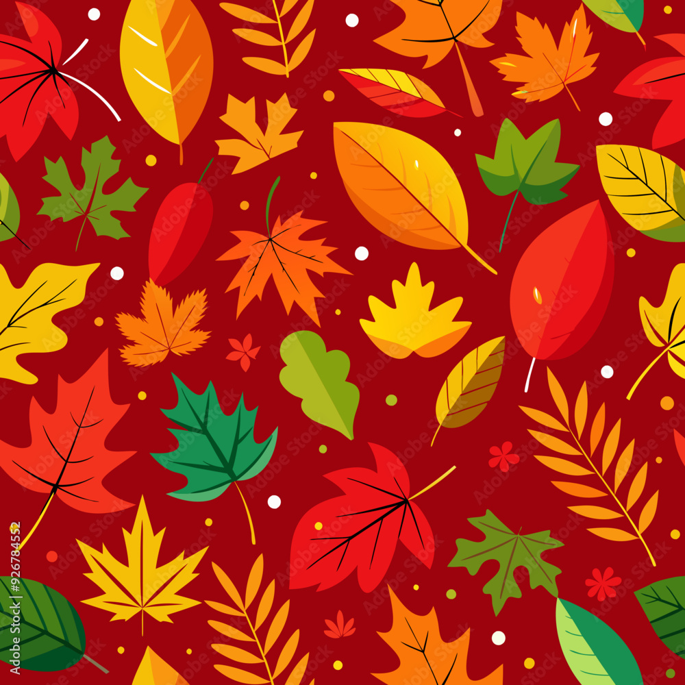 Autumn leaves in various shapes and colors are scattered across a , red background. Autumn leaves in various shapes and colors are scattered across a , red background.