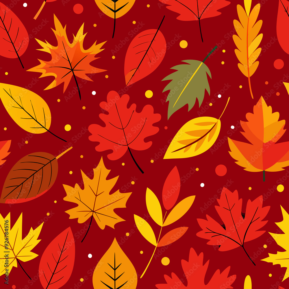 Autumn leaves in various shapes and colors are scattered across a , red background. Autumn leaves in various shapes and colors are scattered across a , red background.