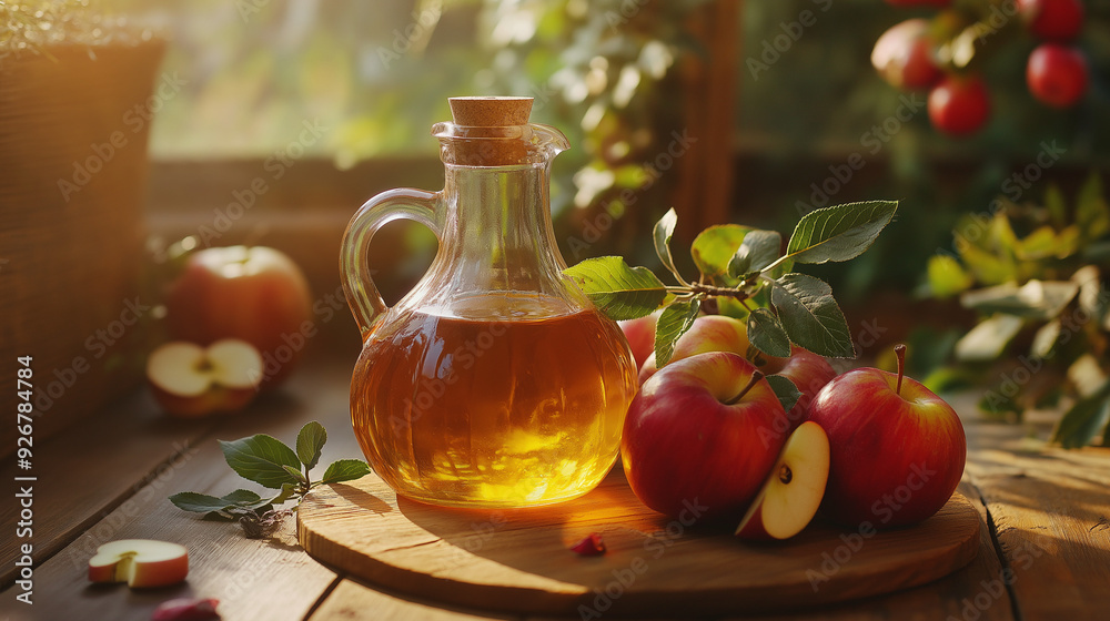Jug with apple cider vinegar and ripe red apples Jug with apple cider vinegar and ripe red apples