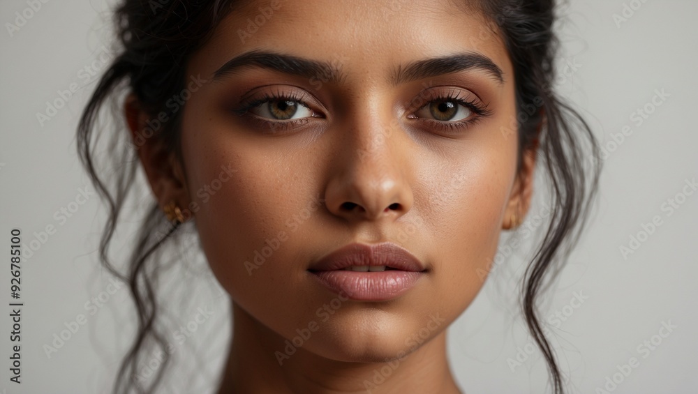 Close-up portrait of a young woman with an intense, thoughtful gaze Close-up portrait of a young woman with an intense, thoughtful gaze