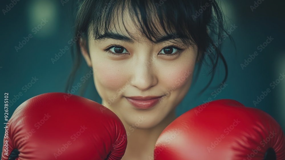 Confident young woman in boxing gloves strikes a ready pose, highlighting her strength against a blue backdrop. Confident young woman in boxing gloves strikes a ready pose, highlighting her strength against a blue backdrop.