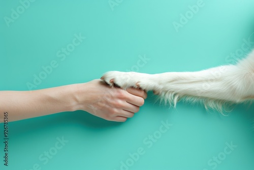 Fototapeta Naklejka Na Ścianę i Meble -  Canine and human bond  paw and hand shake in harmony against vibrant blue background friendship animals  banner
