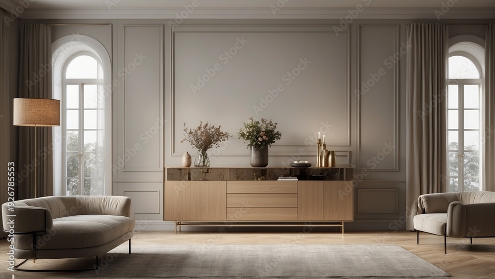 Fototapeta premium Elegant minimalist living room with neutral tones and chic decor.