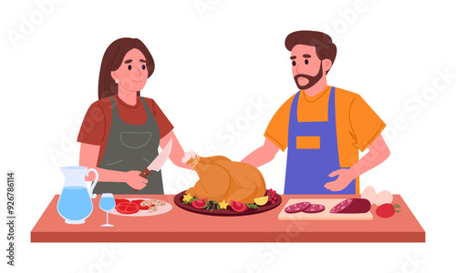 Couple cooking at home. Food preparation at home, cooking family, woman and man cooking together flat vector illustration. Cartoon home cooking scene