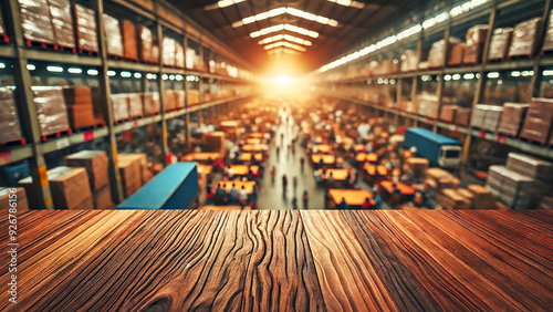 Wallpaper Mural empty wooden table helves and crates in a dimly lit warehouse. Torontodigital.ca