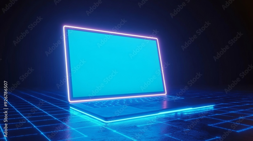 Portable neon computer with a blank screen on a desk in a dark room with blue lighting featuring a laptop with neon blue light on a digital grid symbolizing cuttingedge technology Portable neon computer with a blank screen on a desk in a dark room with blue lighting featuring a laptop with neon blue light on a digital grid symbolizing cuttingedge technology