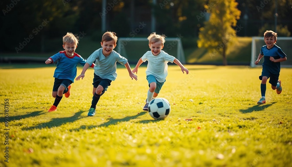 Obraz premium Children play soccer energetically on a grass field, with a focus on the players and dynamic light and shadow enhancing the lively scene.