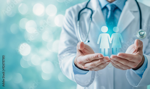 Doctor displaying virtual icons of male and female figures, representing personalized healthcare and patient-centered care in a modern medical setting.