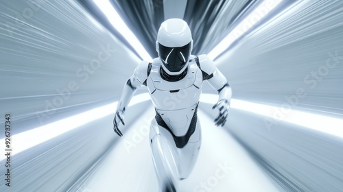 A white humanoid robot with a full face helmet running at high speed in an endless corridor of a futuristic space station, light beams coming from the walls behind him  in the cinematic