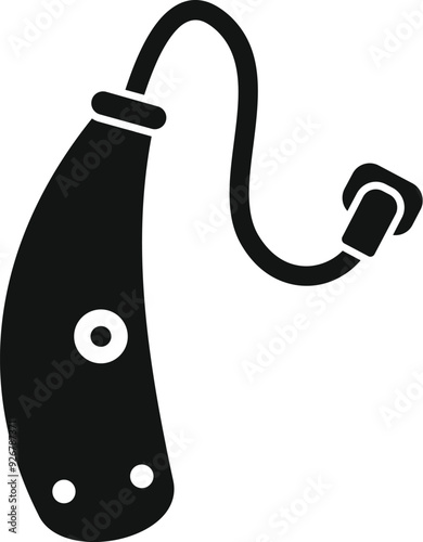 Black glyph icon representing a hearing aid device, improving hearing quality for people with hearing loss
