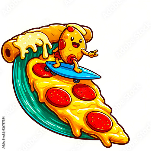 A slice of pizza turned into a surfboard, with a character riding a cheesy wave vector art illustration image on a white background. 