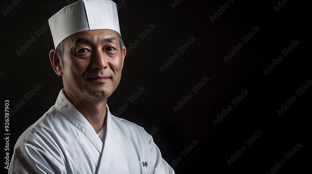 黒背景に白い作業服を着た日本人料理人 黒背景に白い作業服を着た日本人料理人
