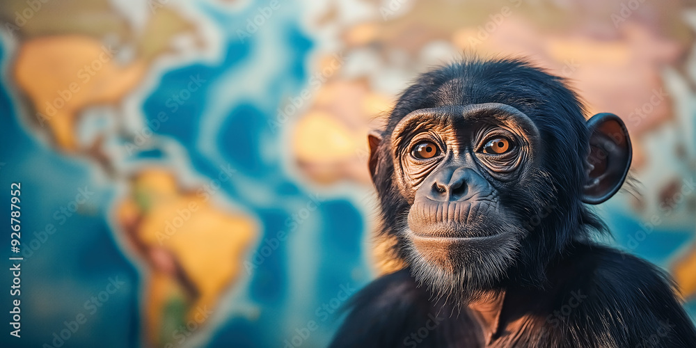 Monkey on blurred world map background. Monkeypox outbreak Monkey on blurred world map background. Monkeypox outbreak