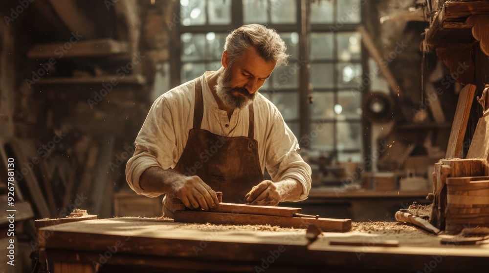 A man working on a piece of wood in an old building, AI A man working on a piece of wood in an old building, AI