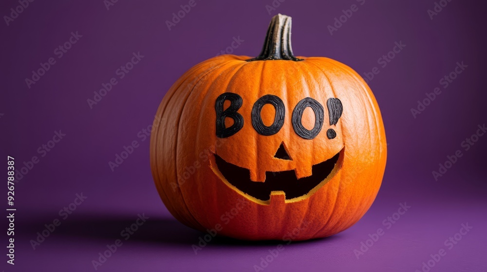 Fototapeta premium Halloween pumpkin with carved BOO on purple background