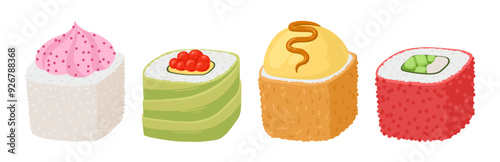 Sushi rolls. Japanese seafood dish, sushi, rolls with salmon, eel, tuna and caviar flat vector illustration set. Cartoon traditional asian cuisine