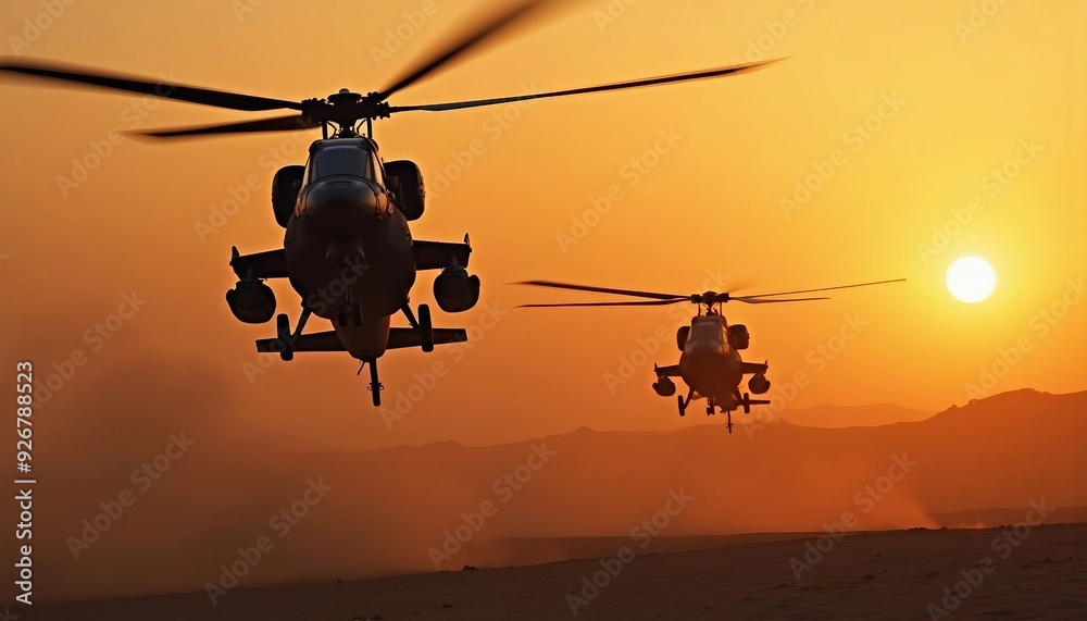 Two attack helicopters fly side by side against a glowing sunset backdrop.
Two attack helicopters fly side by side against a glowing sunset backdrop.