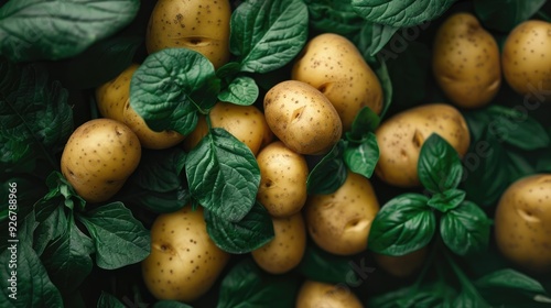 Fresh potatoes with green leaves on a dark textured background emphasize the concept of a natural, organic product. photo