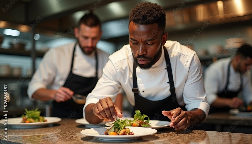Portrait of an African American chef adding the finishing touch to his dish.
Portrait of an African American chef adding the finishing touch to his dish.