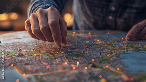 View of a man holding a 3D rendering of a pin holder on a map
