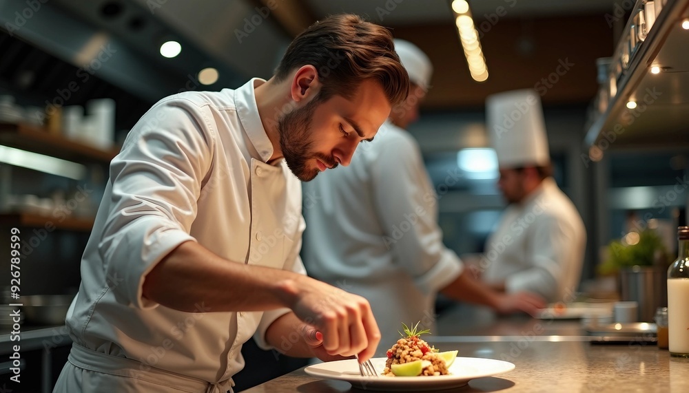 Portrait of a professional chef adding the finishing touch to his dish.
Portrait of a professional chef adding the finishing touch to his dish.