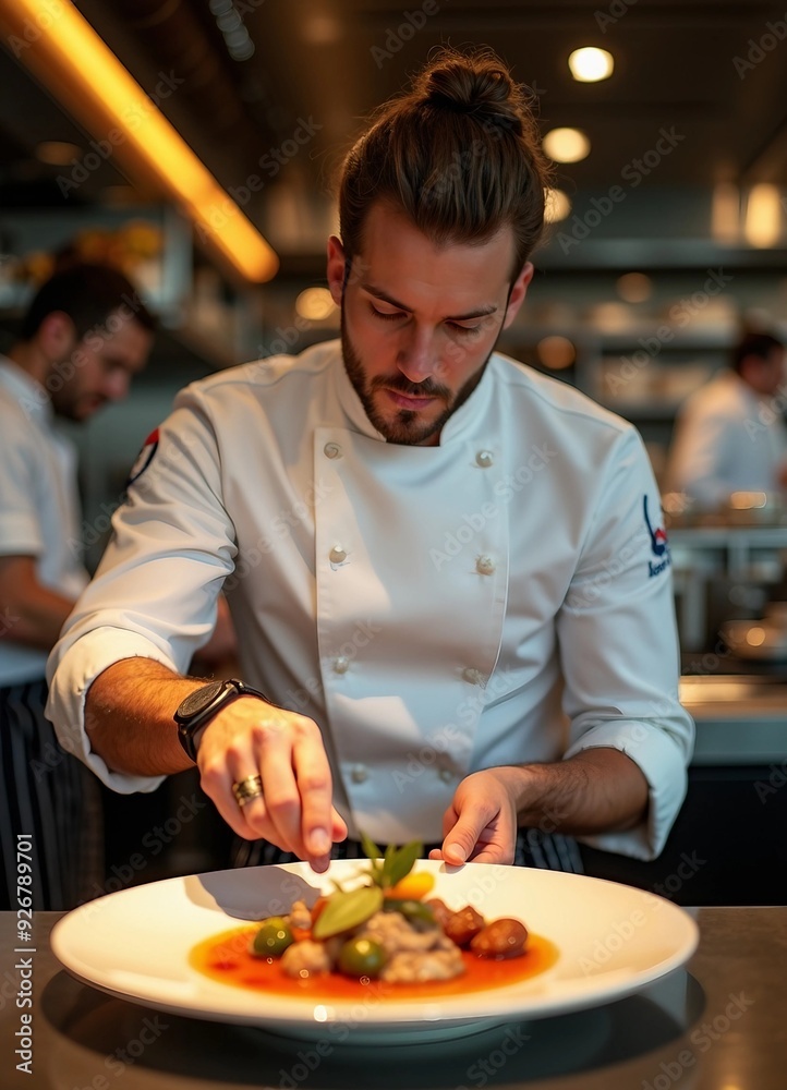 Portrait of a professional chef adding the finishing touch to his dish.
Portrait of a professional chef adding the finishing touch to his dish.
