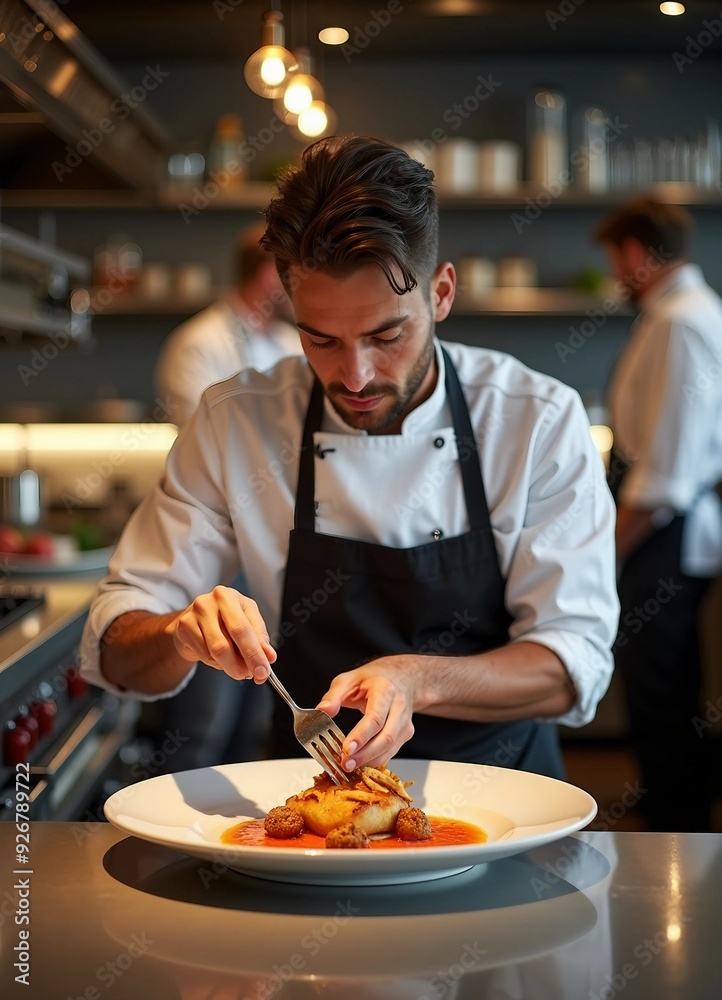 Portrait of a professional chef adding the finishing touch to his dish.
Portrait of a professional chef adding the finishing touch to his dish.
