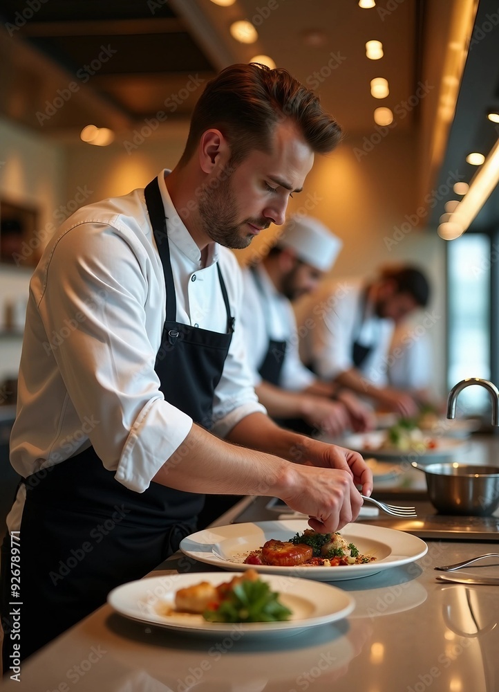 Portrait of a professional chef adding the finishing touch to his dish.
Portrait of a professional chef adding the finishing touch to his dish.