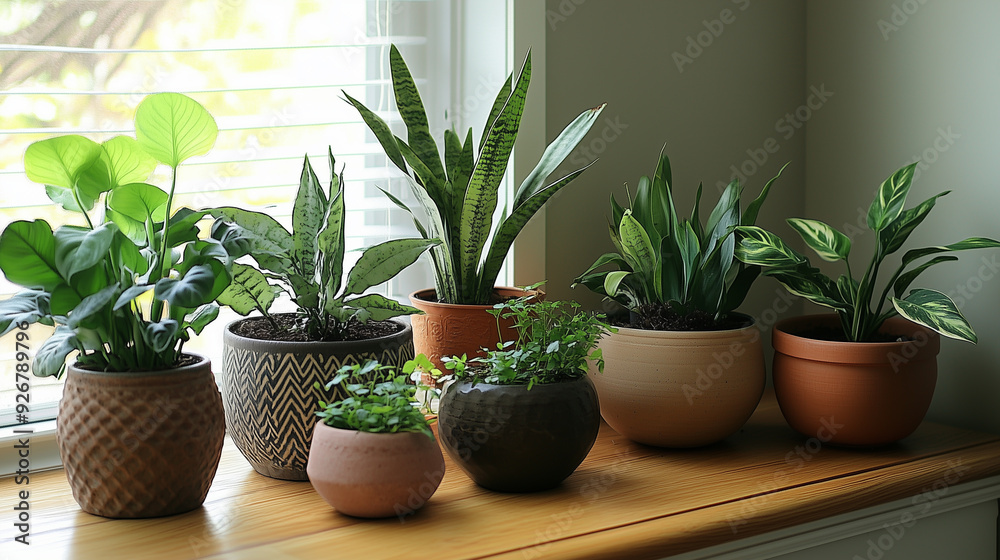 Indoor Plants in Ceramic Pots on a Windowsill Indoor Plants in Ceramic Pots on a Windowsill