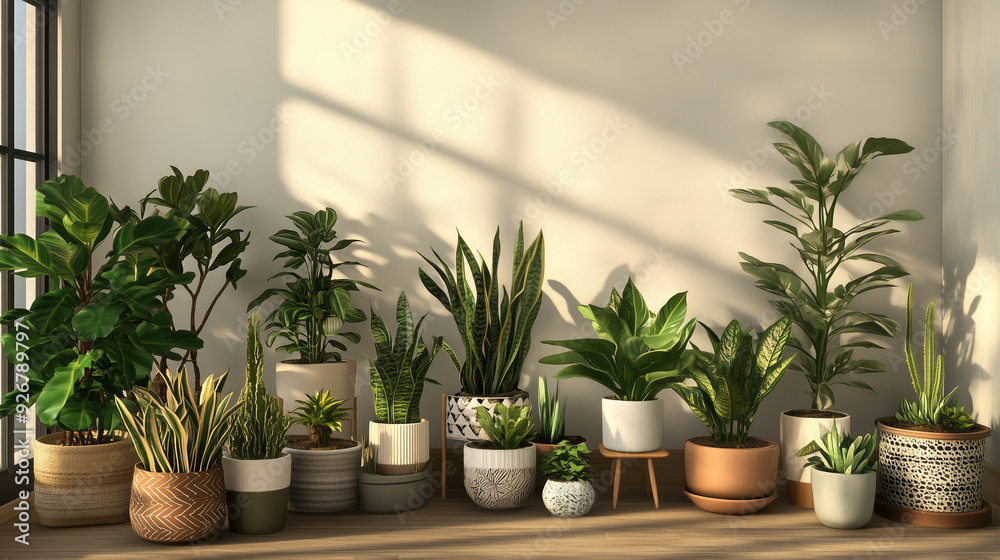 Fototapeta premium Sunlit Indoor Plant Arrangement in a Modern Home