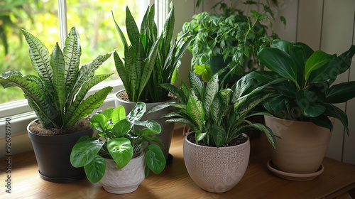 Houseplants on a Wooden Table by a Sunny Window