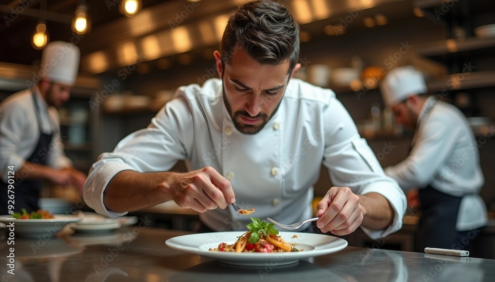 Portrait of a professional chef adding the finishing touch to his dish.
Portrait of a professional chef adding the finishing touch to his dish.