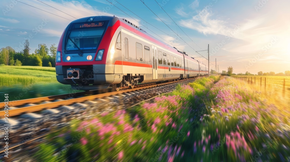 Naklejka premium Sustainable Electric Train Traveling Through Scenic Countryside - Renewable Transportation Concept