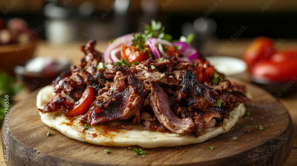 Turkish traditional dish known as iskender, or doner kebab. Turkish doner kebab served against a wooden table backdrop Turkish traditional dish known as iskender, or doner kebab. Turkish doner kebab served against a wooden table backdrop