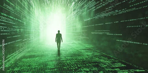 Futuristic digital background with green light rays and binary code, silhouette of person walking towards the horizon in motion blur. Concept for technology or futuristic design