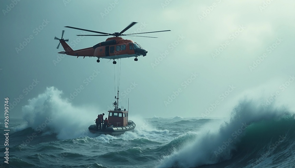 Fototapeta premium A rescue helicopter hovers over a choppy ocean, with high waves crashing against a lifeboat and crew members being lowered to assist distressed survivors, highlighting the perilous rescue operation.