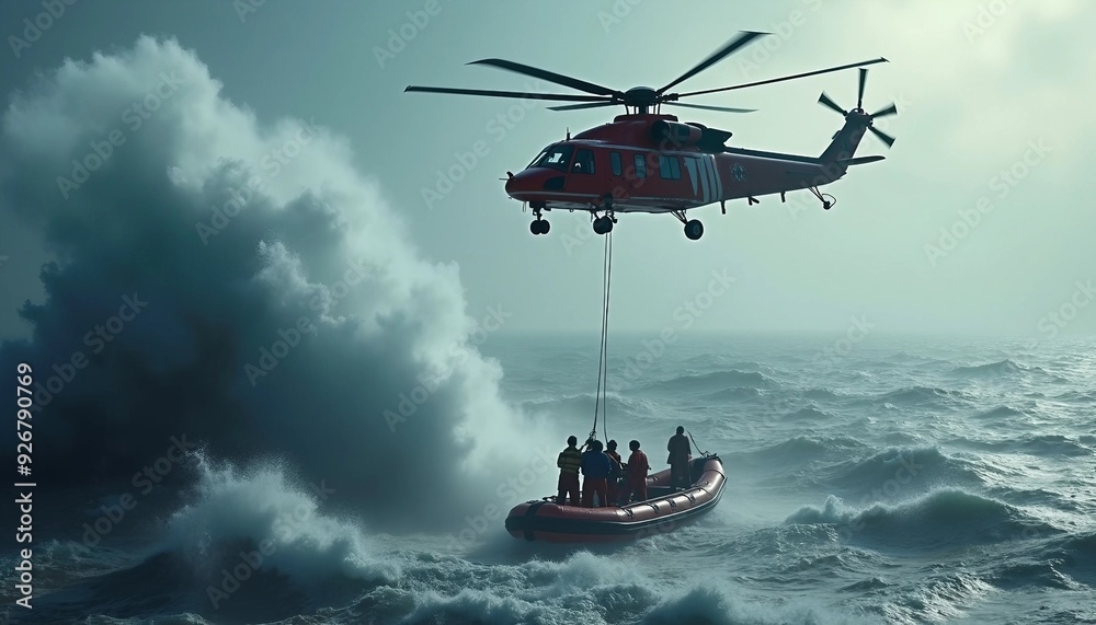 A rescue helicopter hovers over a choppy ocean, with high waves crashing against a lifeboat and crew members being lowered to assist distressed survivors, highlighting the perilous rescue operation.
A rescue helicopter hovers over a choppy ocean, with high waves crashing against a lifeboat and crew members being lowered to assist distressed survivors, highlighting the perilous rescue operation.