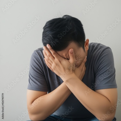 Close-Up of Hands Covering Face in Emotional Distress in Home Office Setting