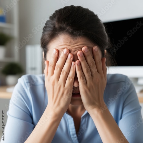 Close-Up of Hands Covering Face in Emotional Distress in Home Office Setting