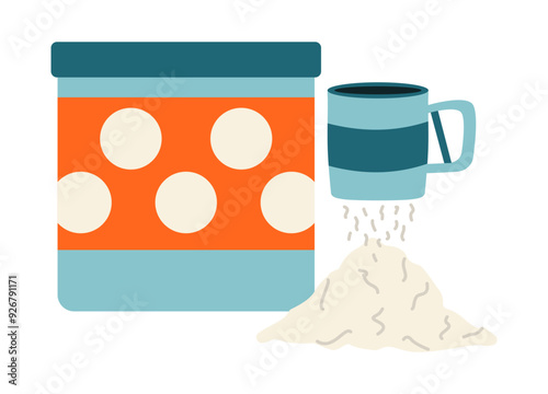 Mug for sifting wheat flour and storage. Iron Soviet container in circles. Sieve with handle, baking powder. Products and tools for cooking in the kitchen. Ingredient. Grocery. Vector illustration