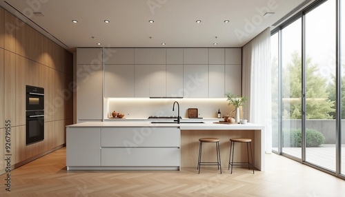 A stylish and attractive kitchen in a detached house, featuring white tones, an island, wooden chairs, and decorative lighting.