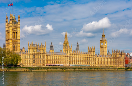 Houses of parliament and Big Ben tower with Thames river, London, UK