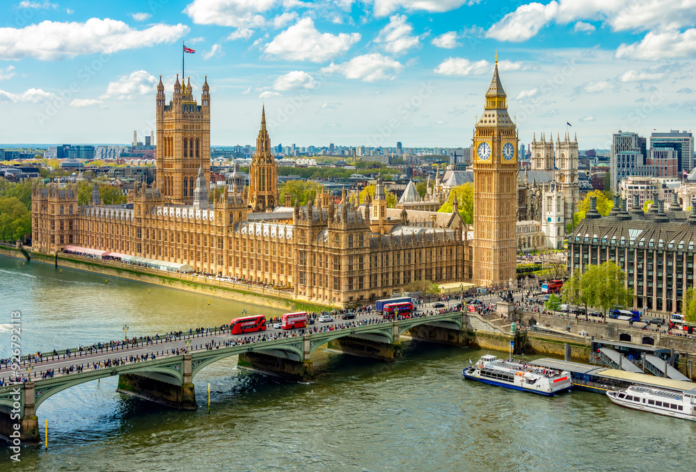 London cityscape with Houses of Parliament and Big Ben tower, UK