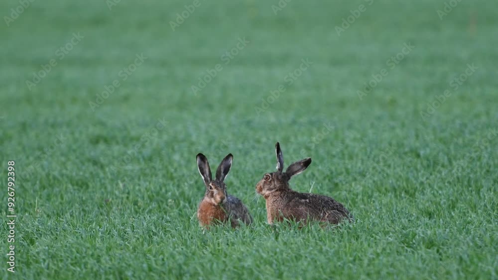 European hare lepus europaeus in the wild. Two hares are feeding in a meadow. Slow motion. European hare lepus europaeus in the wild. Two hares are feeding in a meadow. Slow motion.