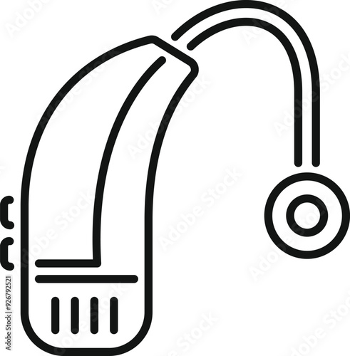 Line art icon of a behind the ear hearing aid, a device designed to improve hearing for people with hearing loss